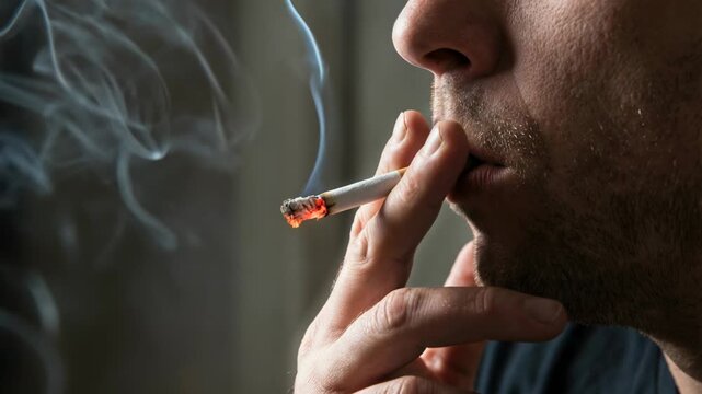 Close-up of man smoking cigarette with visible smoke, nicotine addiction and cancer prevention.
