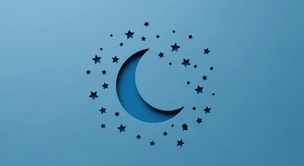 Crescent moon surrounded by stars on blue background © Sendal