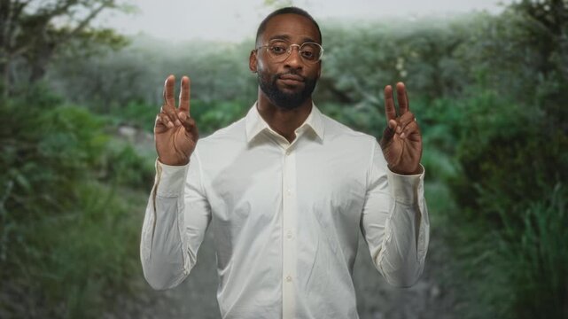 Man with round glasses and white shirt makes air quotes with fingers while standing on a forest path among green foliage; skepticism.