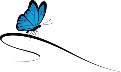 Blue butterfly silhouette vector illustration, elegant winged insect on decorative swirl line, minimalist nature logo design concept © Santo's World