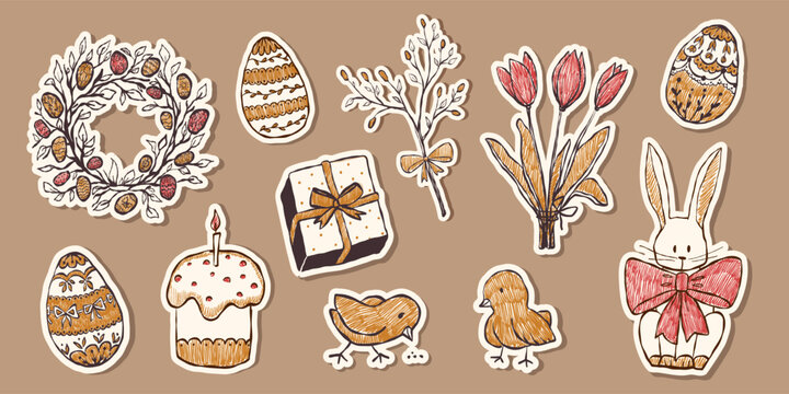 Cute Easter bunny and chick sticker set in crayon chalk style