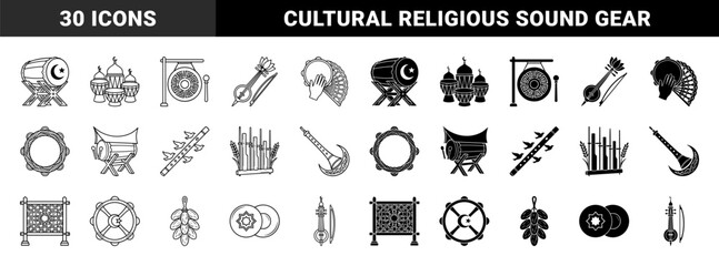 Fototapeta premium Islamic musical instrument hybrid collection featuring traditional bedug drum rebana and gambus with crescent moon and star religious ornament