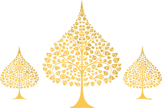 Beautiful set of three elegant golden Bodhi tree vector illustrations featuring intricate traditional Asian art leaf patterns isolated on a clean white background.