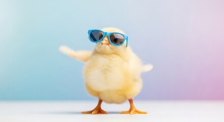 Fototapeta premium Chic chick Fluffy yellow chicklet strikes a pose in cool blue sunglasses