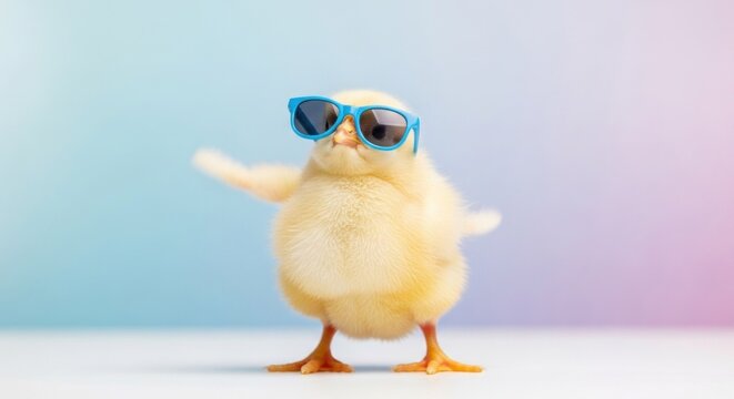 Chic chick Fluffy yellow chicklet strikes a pose in cool blue sunglasses