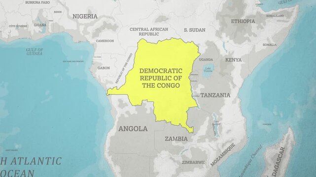 Basemap with a Zoom of the Democratic Republic of the Congo - DRC Highlighted in Yellow.