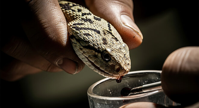 Close-up of a snake's head being milked for venom into a small glass vial