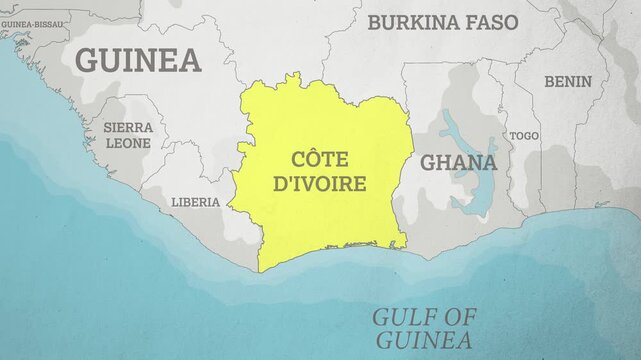 Basemap with a Zoom of the Cote d'Ivoire Highlighted in Yellow. Generic World Map Animation