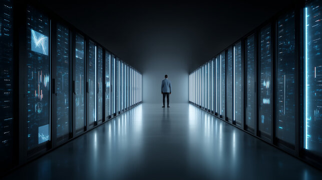 Symmetrical Data Center Hallway with Illuminated Server Cabinets