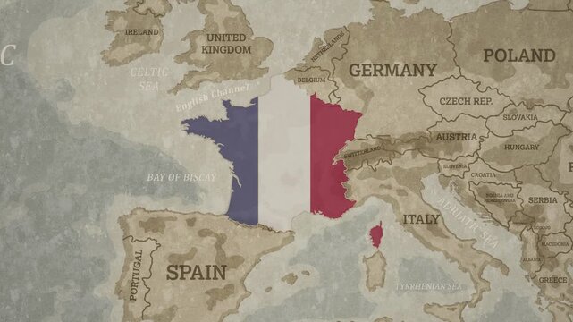 Vintage Style World Map with France Highlighted in National Flag Overlay