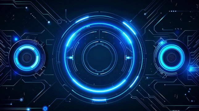 Futuristic digital interface displays glowing blue concentric circles and complex circuit board patterns prominently featured.
