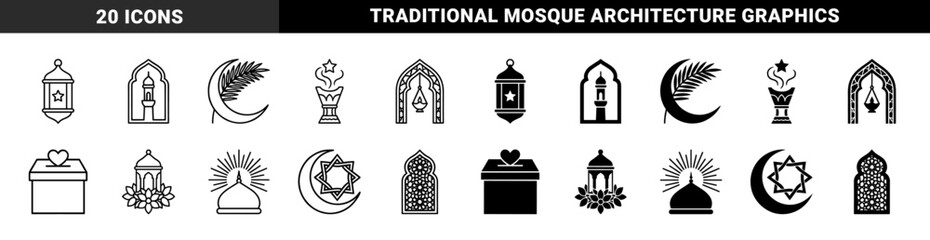 Obraz premium Islamic religious symbols featuring hybrid lanterns with stars crescent moons with palm leaves and ornate mosque arches in dual outline and solid styles