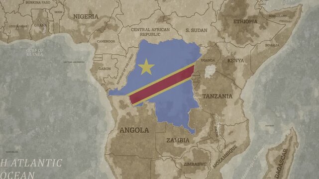 Vintage Style World Map with Democratic Republic of the Congo highlighted in National Flag