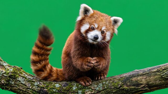 Red panda sitting on branch tilting head curious expression wildlife animal cute adorable on green screen chroma key alpha channel background