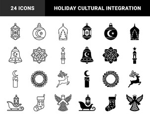 Naklejka premium Hybrid cultural celebration symbols merging traditional Islamic motifs with classic Christmas holiday elements in linear and solid styles for festive fusion design