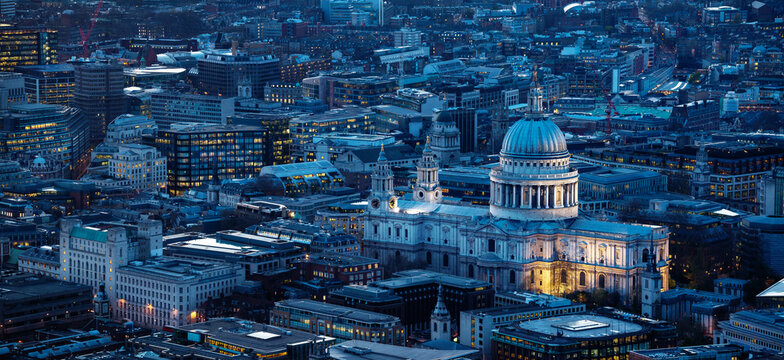 Aerial view from the Shard of St Paul's Cathedral and the City of London at night, London, England, UK
