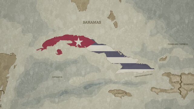 Vintage Style World Map with Cuba highlighted in National Flag Overlay