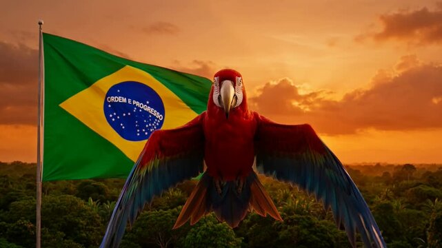 Vibrant brazilian parakeet in national flag setting at sunset wildlife stock for branding, travel, and nature documentaries