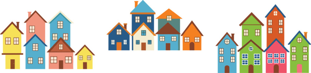 Fototapeta premium Colorful neighborhood houses flat vector illustration set with cute residential buildings for real estate property architecture design