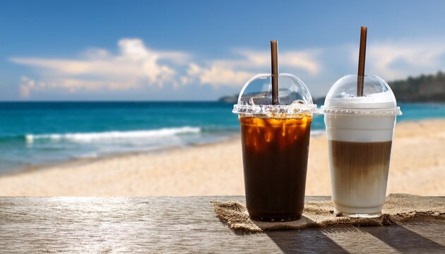 iced coffee and hot latte on beach