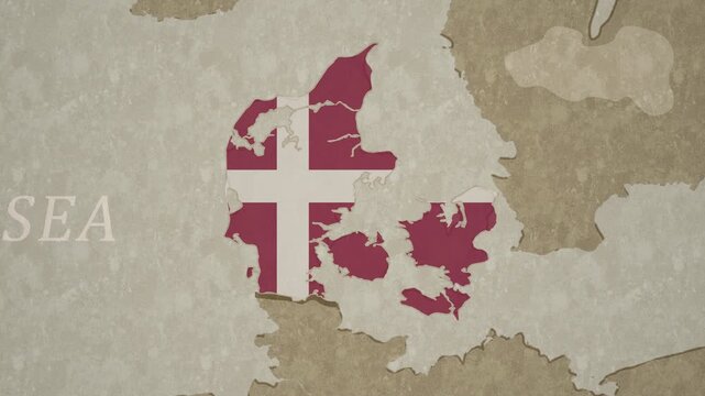 Vintage Style World Map with Denmark Highlighted in National Flag Overlay