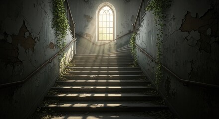 Obraz premium Staircase ascends to sunlit arched window; crumbling walls, creeping vines, abandoned