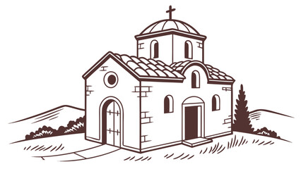 Minimal of traditional Macedonian village church with cross on dome Macedonian architecture © Vector KIng