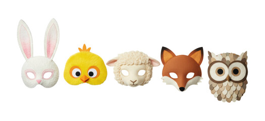 Obraz premium Five cute handmade felt animal masks including a rabbit, chick, sheep, fox, and owl are arranged in a row for a party, carnival, or theatrical performance