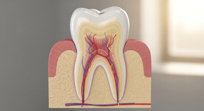 Tooth cross-section with blood vessels and nerves, against blurred background
