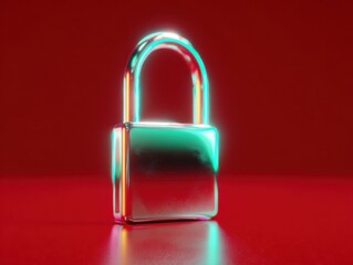 Fototapeta premium glowing cyan cybersecurity padlock isolated on a red background