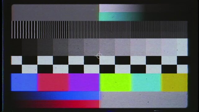 Vintage television test pattern overlay with retro broadcast calibration bars analog film grain dust scratches texture for nostalgic video editing
