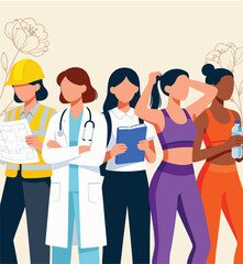 Fototapeta premium Diverse group of women representing various professions and healthy lifestyles, including an engineer, doctor, student, and athletes, celebrating empowerment.
