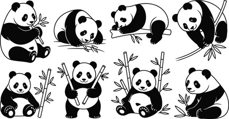 Set of cute panda bear illustrations and silhouettes, giant pandas with bamboo leaves, various animal poses for wildlife nature design. © SUMAIYA