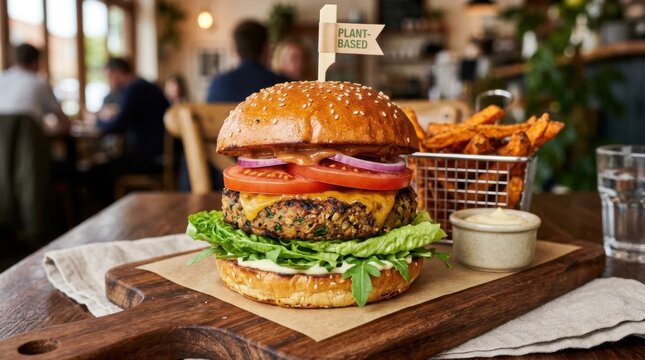 Plant-based Burger Served With Sweet Potato Fries in a Restaurant Setting
