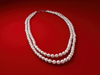 Obraz premium white pearl necklace isolated on a red background