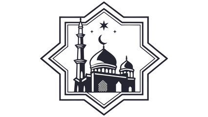 Black silhouette mosque with minaret and domes in star shape frame with crescent moon and stars © Vector KIng