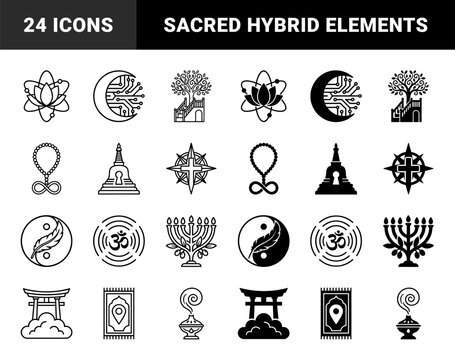 Hybrid Spiritual and Metaphysical Symbols Combining Traditional Religious Icons with Cosmic Elements and Modern Sacred Geometry Path Outlines