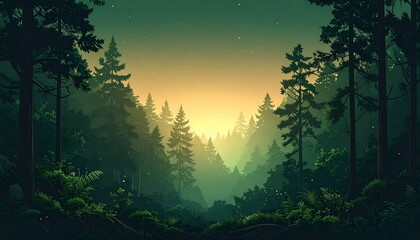 Misty Forest Sunrise with Golden Glow and Tall Pine Trees in Nature Landscape