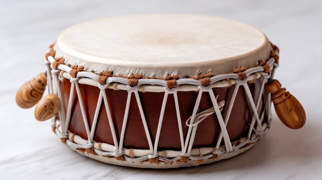 Close-up of small tribal hand-drum with natural leather surface, isolated on clean white, perfect for world music or spiritual practice visuals 