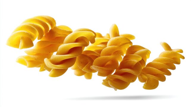 Close-up of uncooked spaghetti and Fusilli pasta flying in air, isolated on clean white background, ideal for pasta packaging and culinary designs 