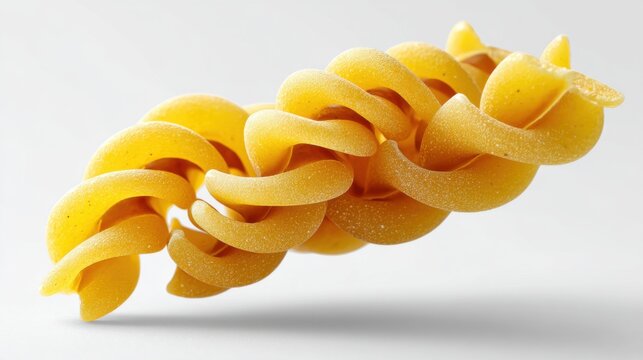 Close-up of uncooked spaghetti and Fusilli pasta flying in air, isolated on clean white background, ideal for pasta packaging and culinary designs 