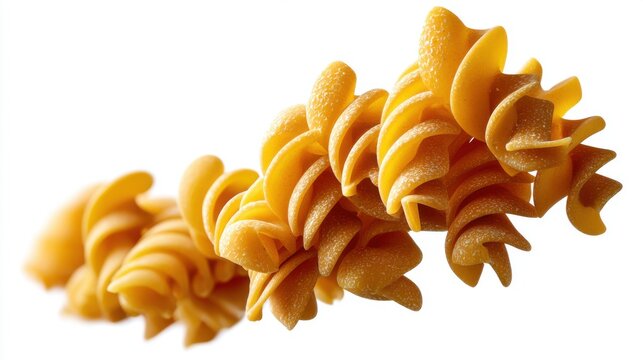 Close-up of uncooked spaghetti and Fusilli pasta flying in air, isolated on clean white background, ideal for pasta packaging and culinary designs 