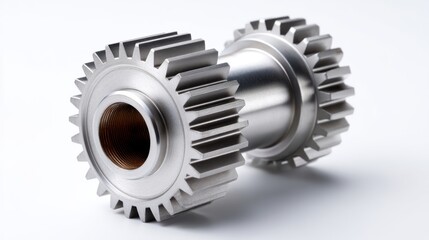 Close-up top view of large metal gear isolated on clean white background, perfect for engineering, mechanical design, or industrial projects 