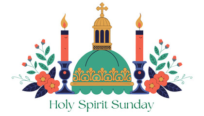 Orthodox church dome with candles and flowers on Holy Spirit Sunday green dome gold accents © Vector Art