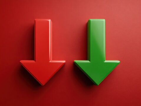 red arrow down green arrow up comparison isolated on a red background
