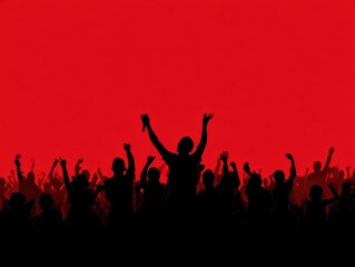 black silhouette of cheering crowd isolated on a red background