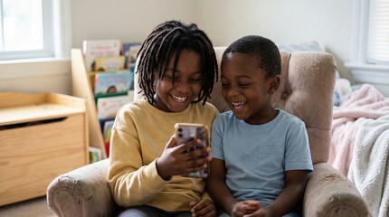Two young Black boys are sitting in an armchair, laughing joyfully while looking at a smartphone together. Childhood technology, happy moments, family bonding.