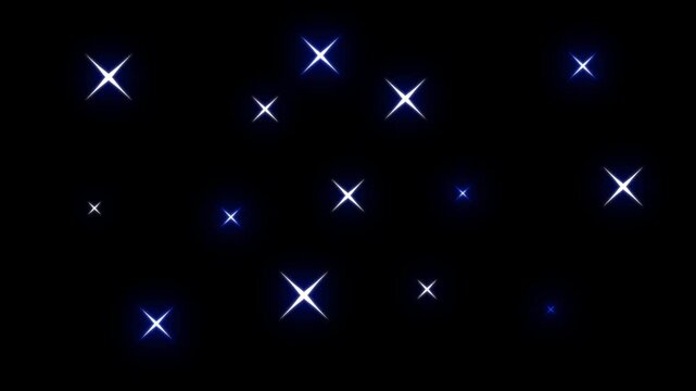 Cartoon style twinkling stars rotating and blinking on black background with hand drawn doodle sparkle effect for children's content and playful holiday video decorations with overlays.