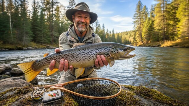 Man fly fisher proudly holding a large brown trout at a river bank with fly fishing gear. Successful catch for an outdoor sport.