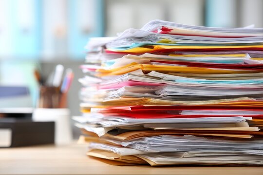 Huge untidy stack of colorful papers and folders on an office desk symbolizing bureaucracy